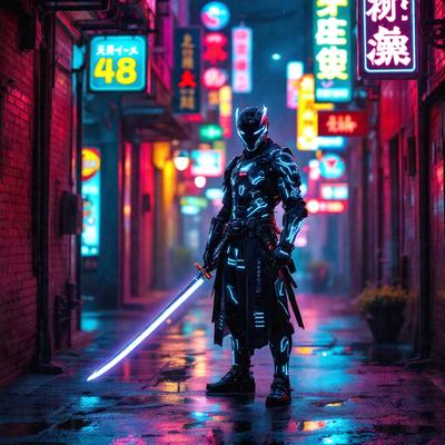 The primary subject of the image is a man dressed in a futuristic outfit, standing on a rain-soaked street. The setting is a city street with neon lights and signs, creating a vibrant and lively atmosphere. The visual style of the image is a combination of photo and digital art, giving it a unique and captivating appearance. The dominant colors in the image are blue and red, which are prevalent in the neon lights and the man's outfit. The overall mood of the